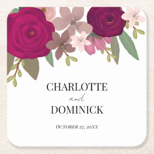 Burgundy Garden Flowers Wedding  Square Paper Coaster
