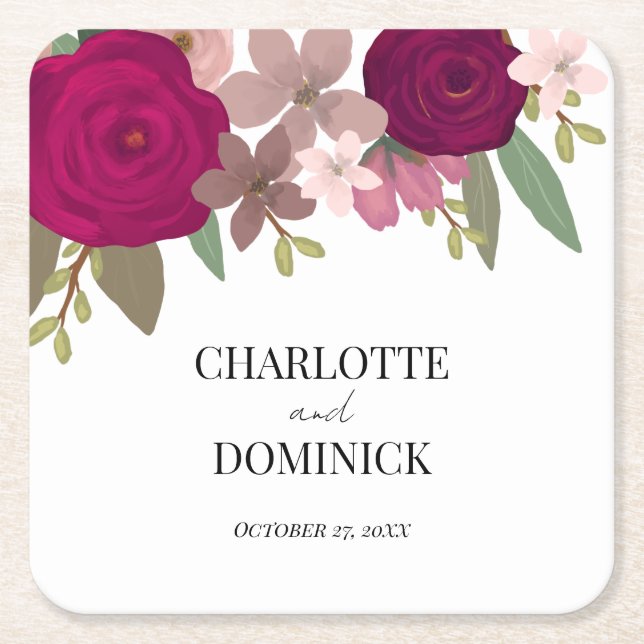 Burgundy Garden Flowers Wedding  Square Paper Coaster (Front)