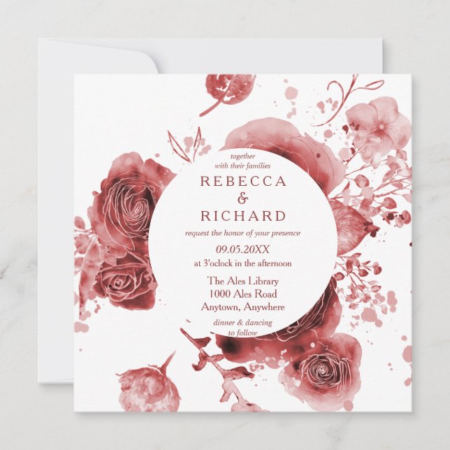 Burgundy Garden Watercolor Wedding Invitation (Front)