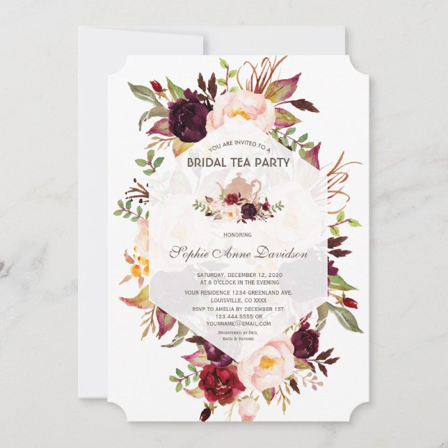 Burgundy Geometric Floral Bridal Shower Tea Party Invitation (Front)