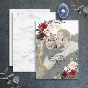 Burgundy Geometric Floral Vellum Overlay Photo Invitation