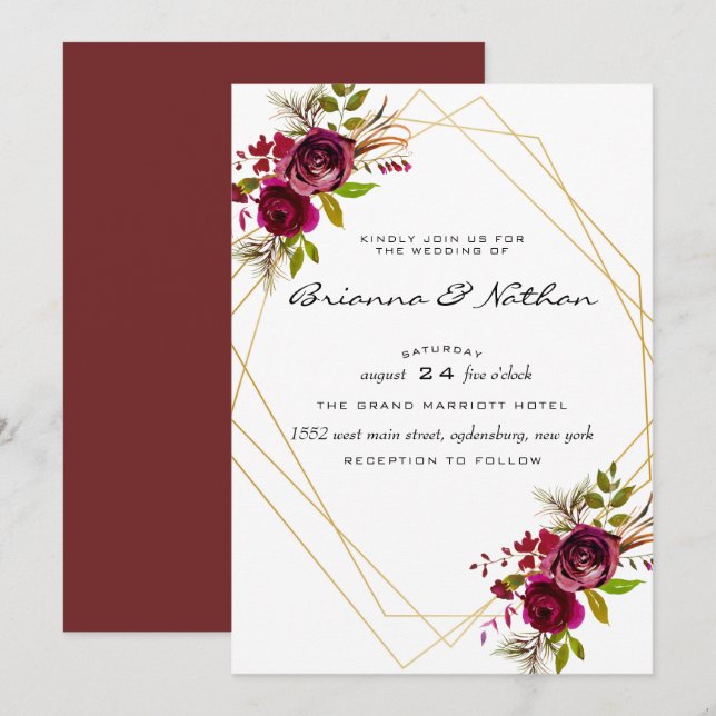 Burgundy Geometric Wedding Invitation (Front/Back)