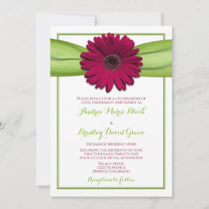 Burgundy Gerbera Daisy Green Ribbon Wedding Invitation