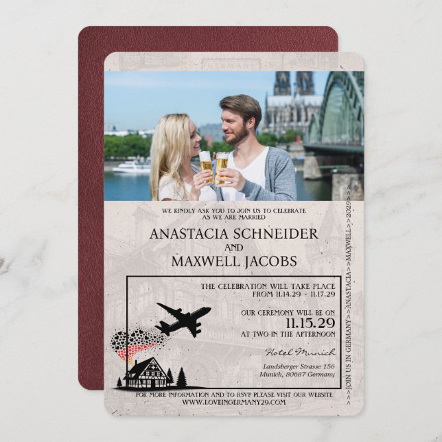 Burgundy Germany Passport Wedding Invitation (Front/Back)