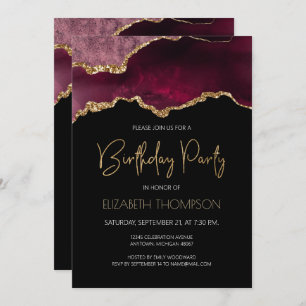 Burgundy Gilded Agate Geode Any Year Birthday Invitation