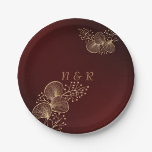 Burgundy & Gilded Floral Elegant Wedding Paper Plate