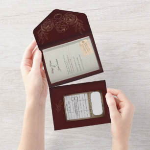 Burgundy Gilded Roses Book Wedding Invitation