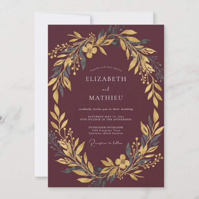 Burgundy Gilded Wreath Wedding Invitation (Front)