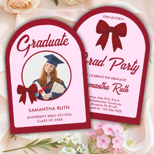 Burgundy Gingham Bow Arch Photo Graduation Party Invitation
