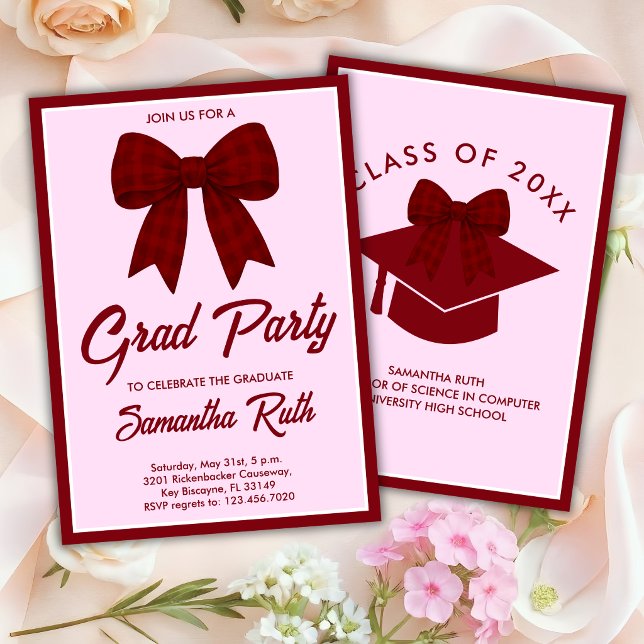 Burgundy Gingham Bow Graduation Party Invitation (Creator Uploaded)