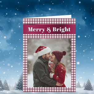 Burgundy Gingham Christmas Photo Merry and Bright  Holiday Card