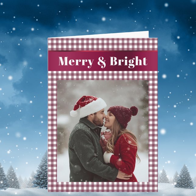 Burgundy Gingham Christmas Photo Merry and Bright  Holiday Card (Creator Uploaded)
