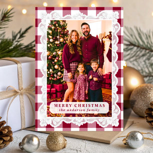 Burgundy Gingham Lace Christmas Photo Holiday Card