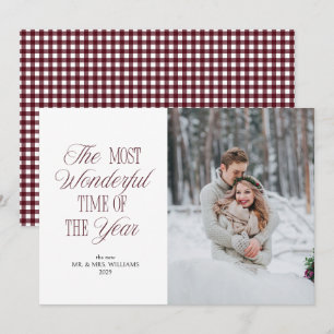 Burgundy Gingham Newlywed Christmas Photo Holiday Card