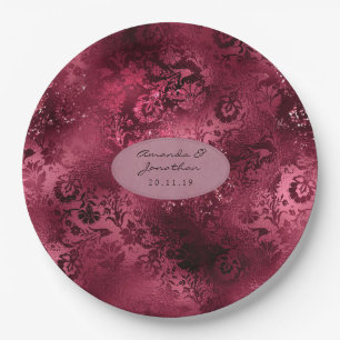 Burgundy Glam Foil Glitter Damask Wedding Paper Plate