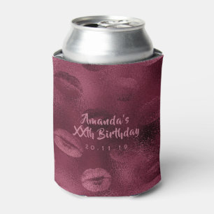 Burgundy Glam Foil Glitter Lips Can Cooler