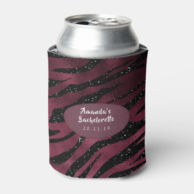 Burgundy Glam Foil Glitter Tiger Stripes Party Can Cooler (Can Front)