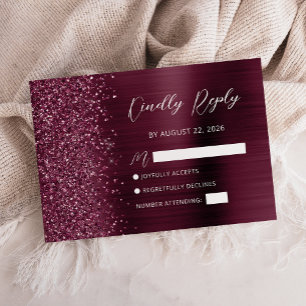 Burgundy Glam Glitter Script Wedding RSVP Card