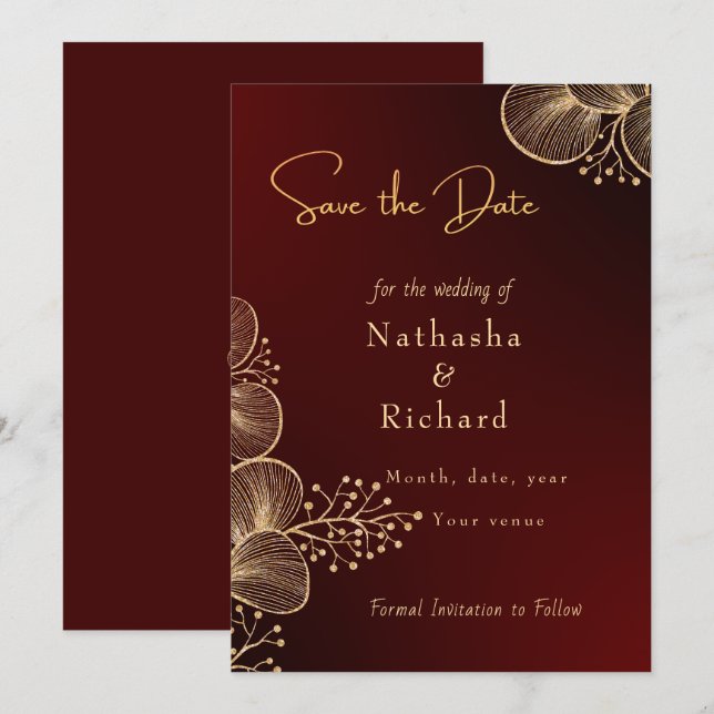 Burgundy & Glided Floral Elegant Wedding Save The Date (Front/Back)