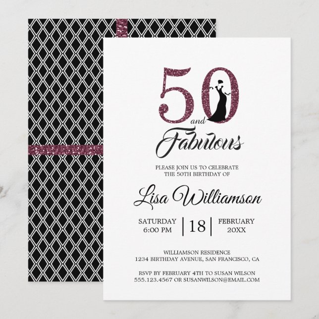 Burgundy Glitter 50 Fabulous 50th Birthday Party Invitation (Front/Back)