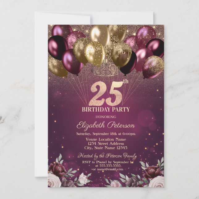 Burgundy Glitter Balloons Flowers 25th Birthday  Invitation (Front)