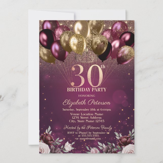 Burgundy Glitter Balloons Flowers 30th Birthday  Invitation (Front)