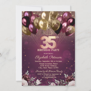 Burgundy Glitter Balloons Flowers 35th Birthday  Invitation