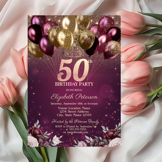 Burgundy Glitter Balloons Flowers 50th Birthday  Invitation (Creator Uploaded)