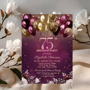 Burgundy Glitter Balloons Flowers 75th Birthday  Invitation
