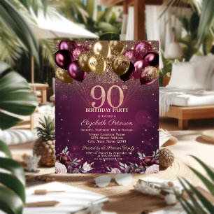 Burgundy Glitter Balloons Flowers 90th Birthday Invitation