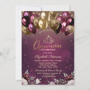 Burgundy Glitter Balloons Flowers Quinceañera Invitation
