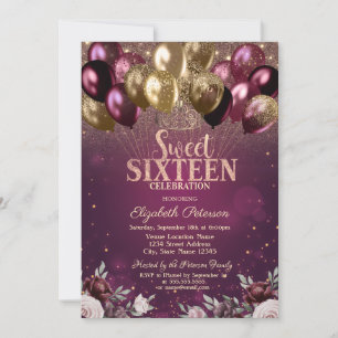 Burgundy Glitter Balloons Flowers Sweet 16 Invitation