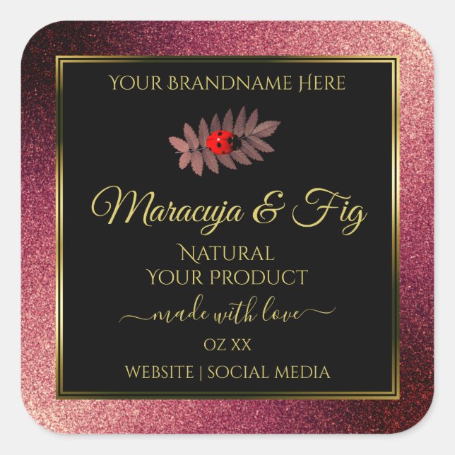 Burgundy Glitter Black Product Labels Cute Ladybug (Front)