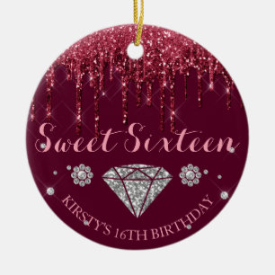 Burgundy Glitter Drip Diamond Sweet Sixteen Ceramic Tree Decoration