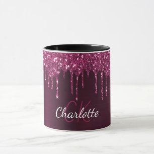 Burgundy glitter drips monogram initials mug