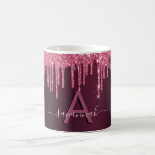Burgundy glitter drips monogram script coffee mug