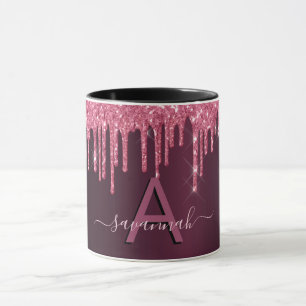 Burgundy glitter drips monogram script mug