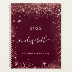 Burgundy glitter dust name script 2022 planner