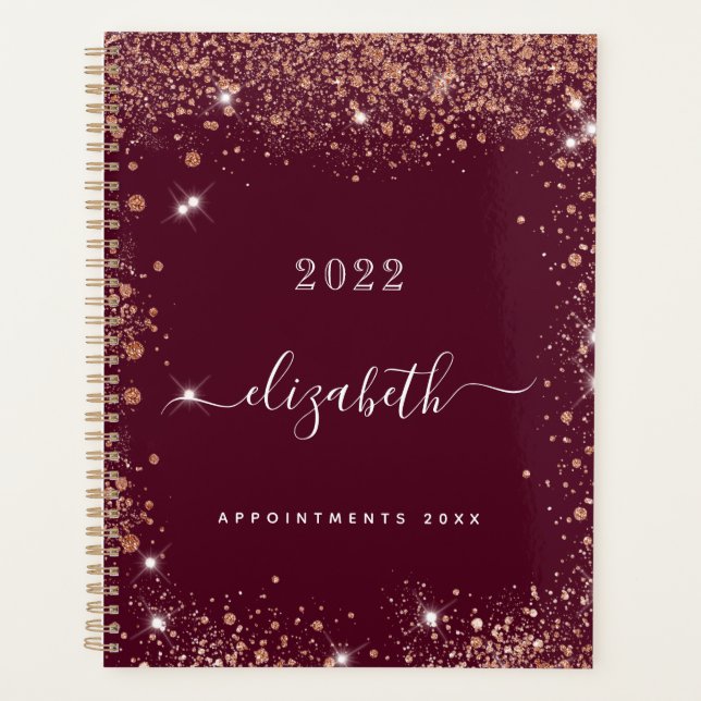Burgundy glitter dust name script 2026 planner (Front)
