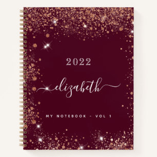Burgundy glitter dust name script diary notebook