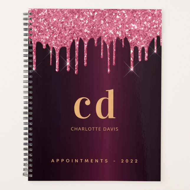 Burgundy glitter pink gold monogram planner (Front)