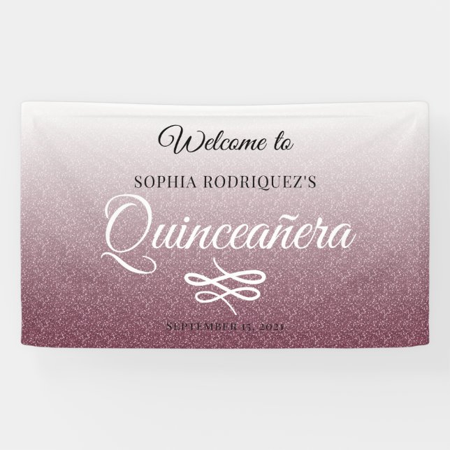 Burgundy Glitter Quinceañera 15th Birthday Welcome Banner (Horizontal)