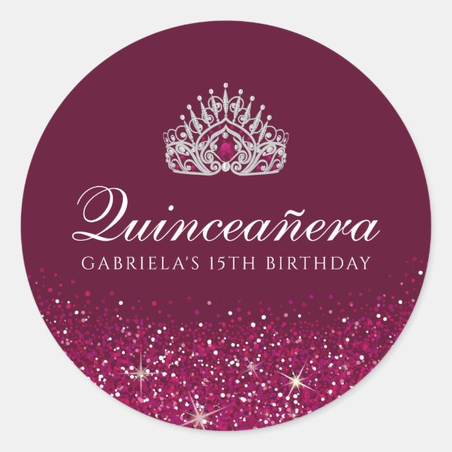 Burgundy  Glitter Quinceanera Classic Round Sticker (Front)