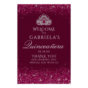 Burgundy Glitter Quinceanera Welcome Sign