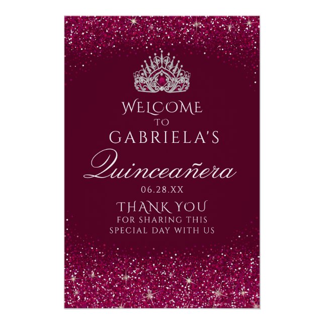 Burgundy Glitter Quinceanera Welcome Sign (Front)
