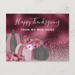 Burgundy Glitter Thanksgiving Holiday Moving Announcement Postcard
