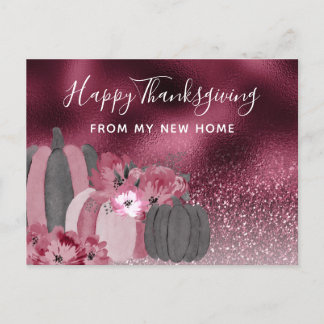 Burgundy Glitter Thanksgiving Holiday Moving Announcement Postcard