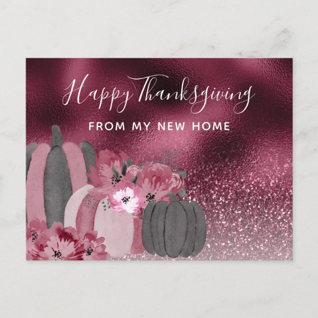 Burgundy Glitter Thanksgiving Holiday Moving Announcement Postcard (Front)