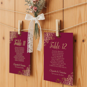 Burgundy & Gold 10 Name Wedding Seating Chart Card