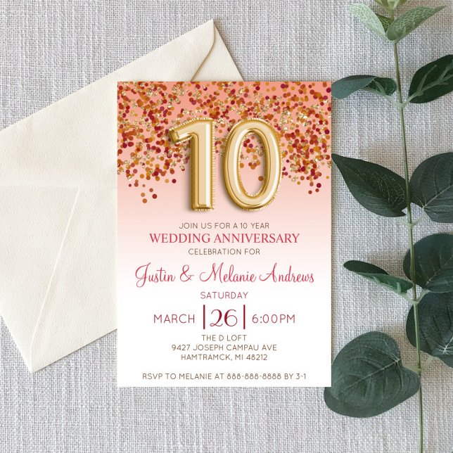 Burgundy Gold 10th Wedding Anniversary Invitation (Creator Uploaded)